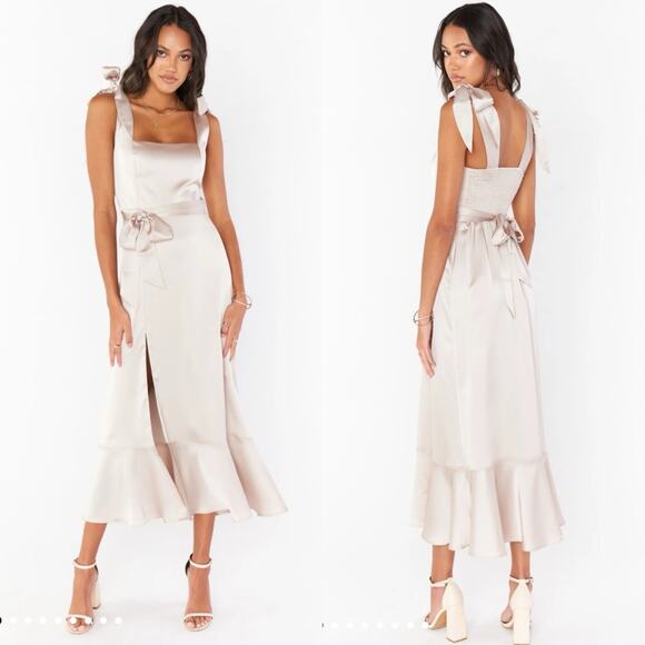 Show Me Your Mumu Claire Midi Dress Show Me The Ring Luxe Satin Champagne NWT L - Picture 6 of 7
